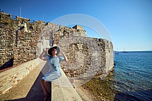 Woman Enjoying the Amazing View in Bodrum Castle. Summer Holiday in Turkey