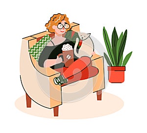 Woman enjoying coffee in comfy chair, cartoon vector illustration isolated.