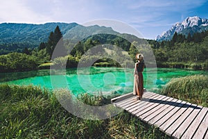 Woman enjoying freedom on nature outdoors. Travel Slovenia Europe