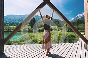 Woman enjoying freedom on nature outdoors. Travel Slovenia Europe