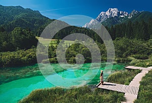 Woman enjoying freedom on nature outdoors. Travel Slovenia Europe