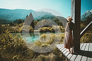 Woman enjoying freedom on nature outdoors. Travel Slovenia Europe