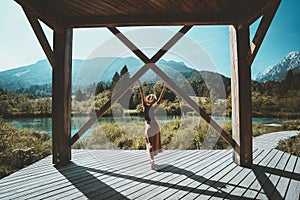 Woman enjoying freedom on nature outdoors. Travel Slovenia Europe