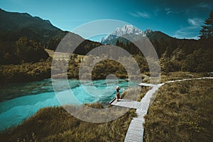 Woman enjoying freedom on nature outdoors. Travel Slovenia Europe