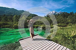 Woman enjoying freedom on nature outdoors. Travel Slovenia Europe