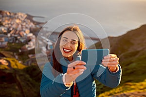 Woman enjoying landscape view near Santa Cruz city