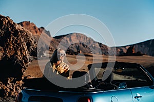 Woman enjoying road trip, standing with map near convertible car on the roadside in the volcanic mountain forest on Tenerife