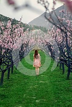 Woman enjoying spring in the green field with blooming trees