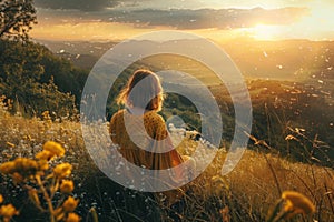 Woman enjoying a sunset in a blooming field, capturing the essence of serenity and travel relaxation