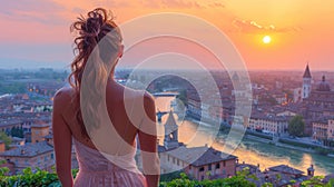 Woman Enjoying Sunset Over Verona Cityscape from Elevated View