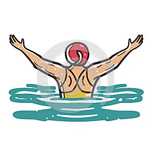 Woman enjoying swim water, arms raised, red swimming cap, yellow swimsuit. Female swimmer
