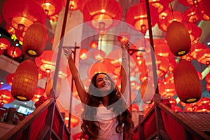 Woman enjoying traditional red lanterns decorated for Chinese new year Chunjie