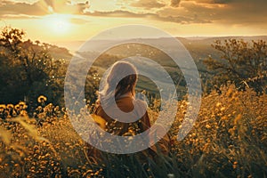 Woman enjoying a tranquil sunset amidst a blooming field