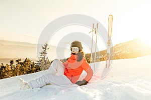 Woman enjoying the view from mountain slopes, relaxing photo