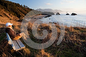 Woman enjoying view at Oregon Coast