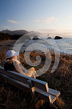 Woman enjoying view at Oregon Coast