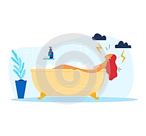 Woman enjoys hot bath with foam in vintage bathtub, relaxing home spa. Stress relief and serene self care vector