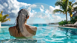 A woman enjoys a leisurely summer day lounging by a luxurious swimming pool