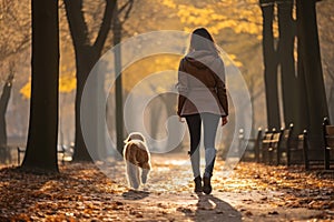 A woman enjoys a peaceful moment as she takes her loyal canine companion for a leisurely walk in the park, woman walking with her