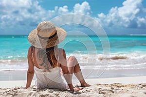 Woman enjoys tranquil relaxation, sitting on a sandy beach with a picturesque sea view