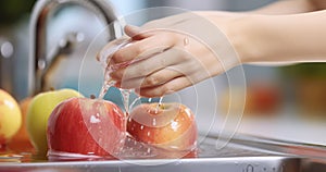 A Woman Ensures Cleanliness by Washing an Apple Under the Tap