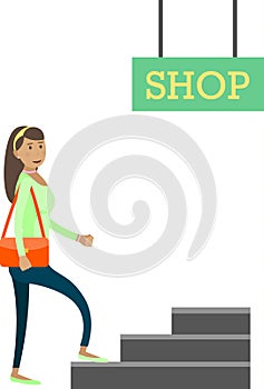 Woman entering shop market vector icon isolated on white