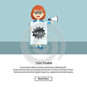 Woman enterpreneur standing with sale poster photo