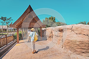 Woman enters the wooden gate of an Asian village decorated with oriental patterns