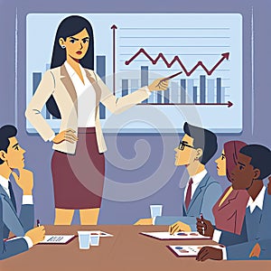 A woman entrepreneur leading a business meeting, confidently presenting her ideas to a captivated audience.