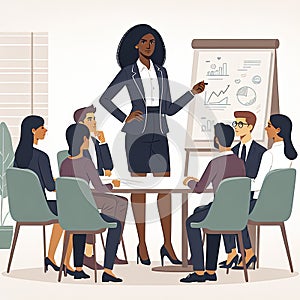 A woman entrepreneur leading a business meeting, confidently presenting her ideas to a captivated audience.