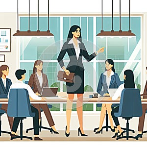 A woman entrepreneur leading a business meeting, confidently presenting her ideas to a captivated audience.