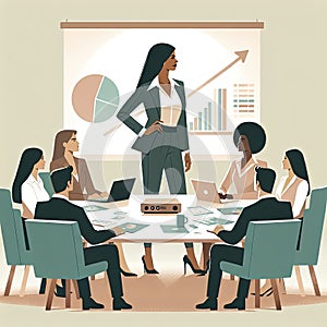 A woman entrepreneur leading a business meeting, confidently presenting her ideas to a captivated audience.