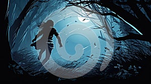 Woman escaping from unrevealed danger through the woods in the night photo