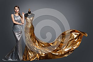 Woman Evening Dress, Fashion Gown on Tailor Dummy, Elegant Gold Silver Clothes Models