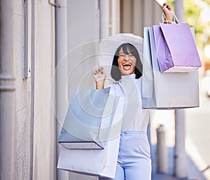 Woman, excited or fashion shopping bags on city street in Portugal for retail therapy, luxury store purchase or designer