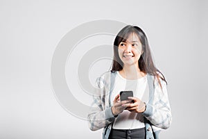 Woman excited read social network feedback on smartphone