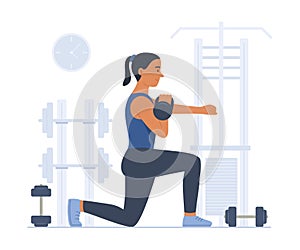 Woman Exercise by Doing Lunge with Kettlebell for Weight Training in Gym Concept Illustration