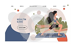 Woman exercise outdoor in a park. Stretching girl on yoga mat. Fitness and healthy lifestyle concept illustration