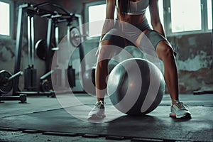 Woman exercises on pilates ball to strengthen thighs and core muscles in gym