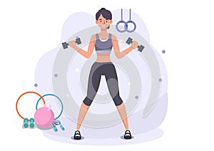 Woman exercising at the gym holding a dumbbell. A fit and energetic young woman lifts weights for a healthier body