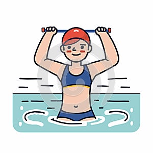 Woman exercising water, aqua fitness workout, female doing water aerobics. Athletic woman swimwear