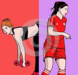 Woman exercising and woman soccer player isolated