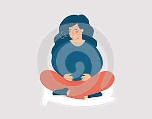 Woman expecting a child and practices some a breathing exercice. Pregnant sits in yoga pose lotus and makes exhale and inhale