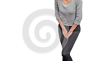 Woman experiences pain in perineum. Hands pressed to vagina, lower abdomen. Urinary incontinence. Gynecological problems. Woman`s photo
