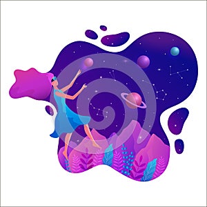 Woman experiencing virtual reality wearing vr goggles vector illustration. Floating girl in space