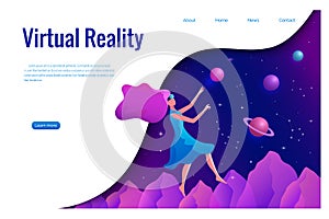 Woman experiencing virtual reality wearing vr goggles vector illustration. Floating girl in space
