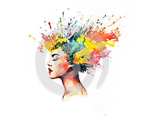 Woman with exploding colorful mind representing imagination and creativity
