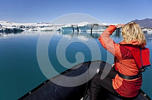 Woman Explorer in Iceberg Field, Iceland