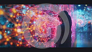 A woman explores a complex data visualization interface, touching a futuristic holographic display of interconnected data points