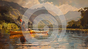 Woman exploring calm tropical bay with limestone mountains by kayak.